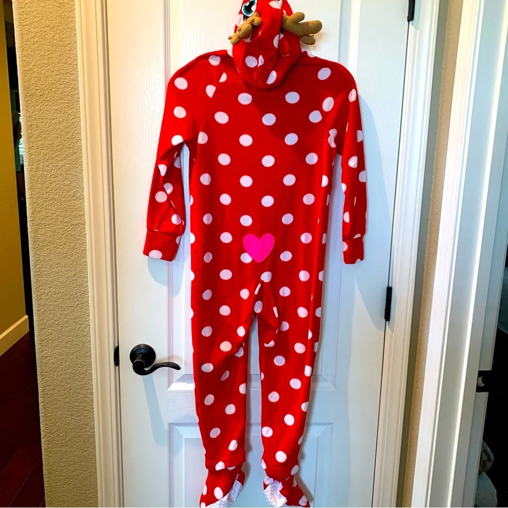 JUSTICE Girls Polka Dot Red Holiday Reindeer Hooded Zipper Bodysuit Footed P…